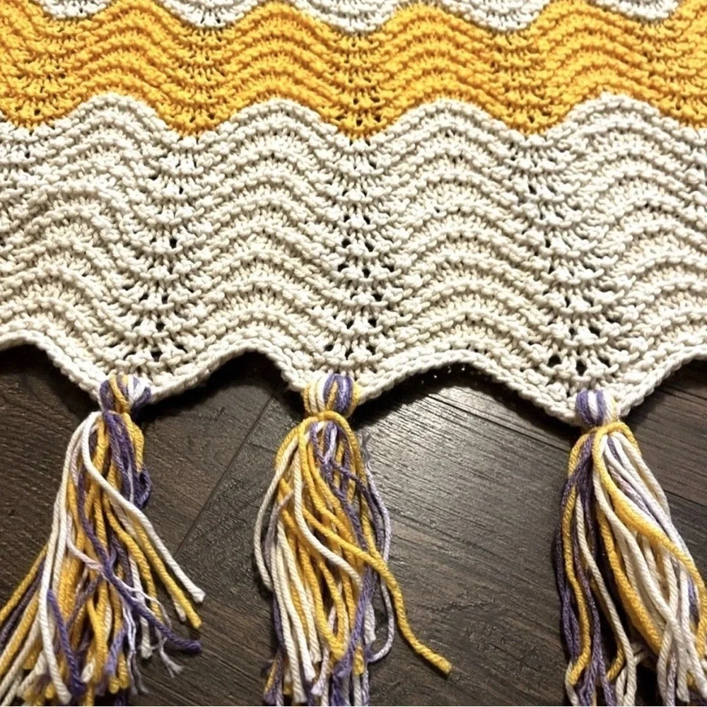 Hand Crocheted Knit Twin Size Afghan Throw Blanket Cream, Yellow, Purple & Blue